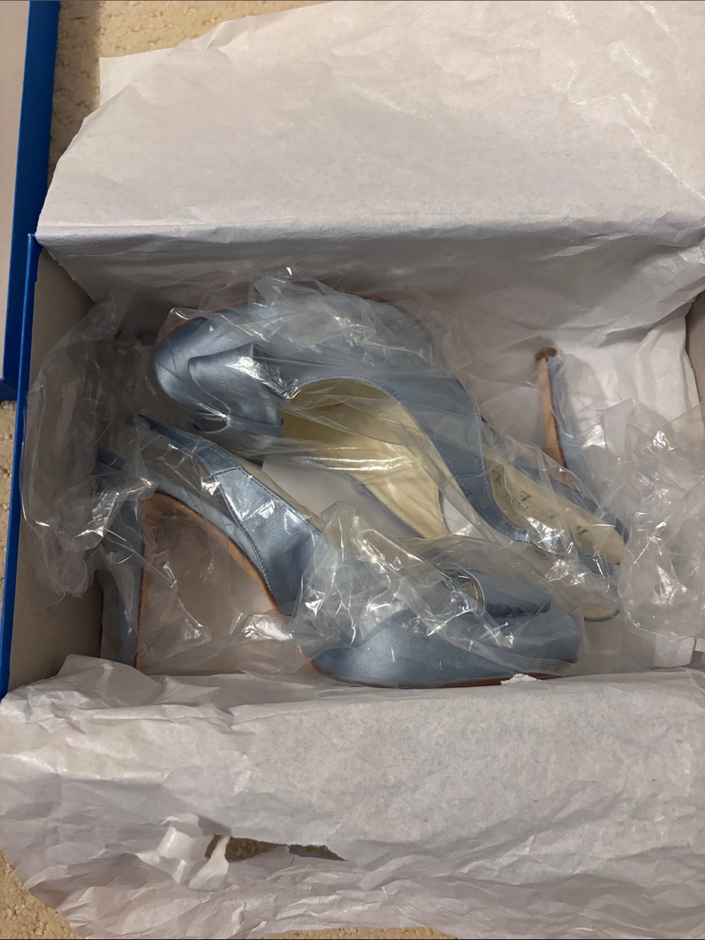 Something Bleu Bridal Light Blue Satin Peep Toe Slingback Heels - Picture 4 of 8